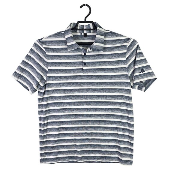 Mens Adidas Blue & White Striped Polo Shirt 100% Polyester Short Sleeve Size L - Picture 1 of 9